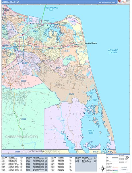 Virginia Beach Wall Map Color Cast Style
